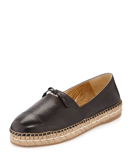 prada leather cap-toe flat espadrille black nero|Prada Flats for Women .